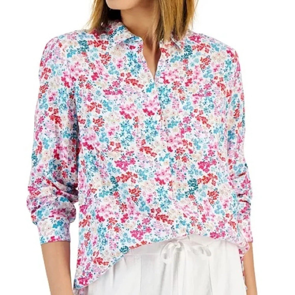 Charter Club Linen Floral Roll Tab Button Down Top - Picture 3 of 9